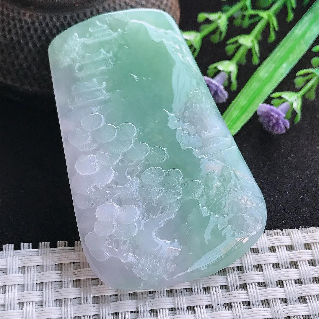 自然光65/43/5.6老坑冰润起胶飘绿山水牌挂件翡翠玉吊坠百搭