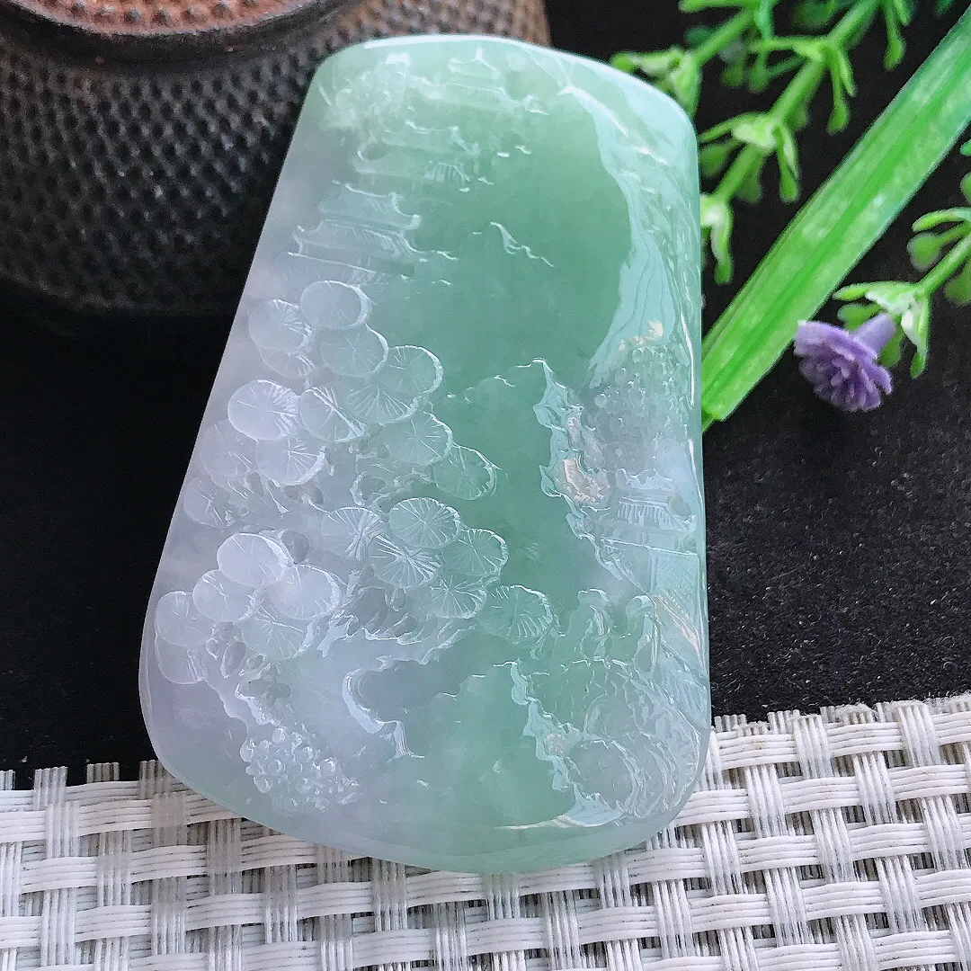 自然光65/43/5.6老坑冰润起胶飘绿山水牌挂件翡翠玉吊坠百搭