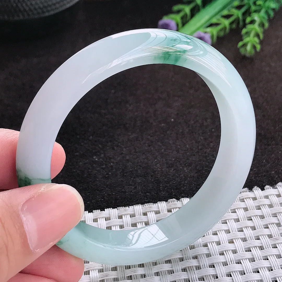 自然光54.5/12.2/8.3老坑冰胶果冻飘花手镯翡翠玉镯子宽边美人镯手环