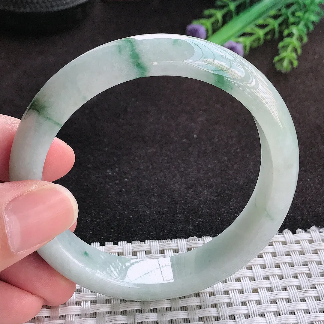 自然光57.8/13/8.3老坑精美温润飘花宽边手镯翡翠玉镯子美人镯手环