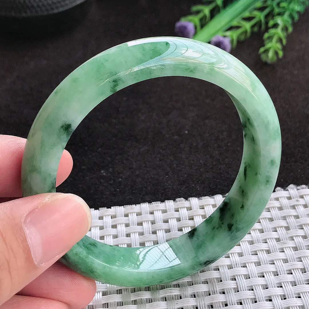 自然光55/12.5/8.3老坑温润飘花宽边手镯翡翠玉镯子美人镯手环