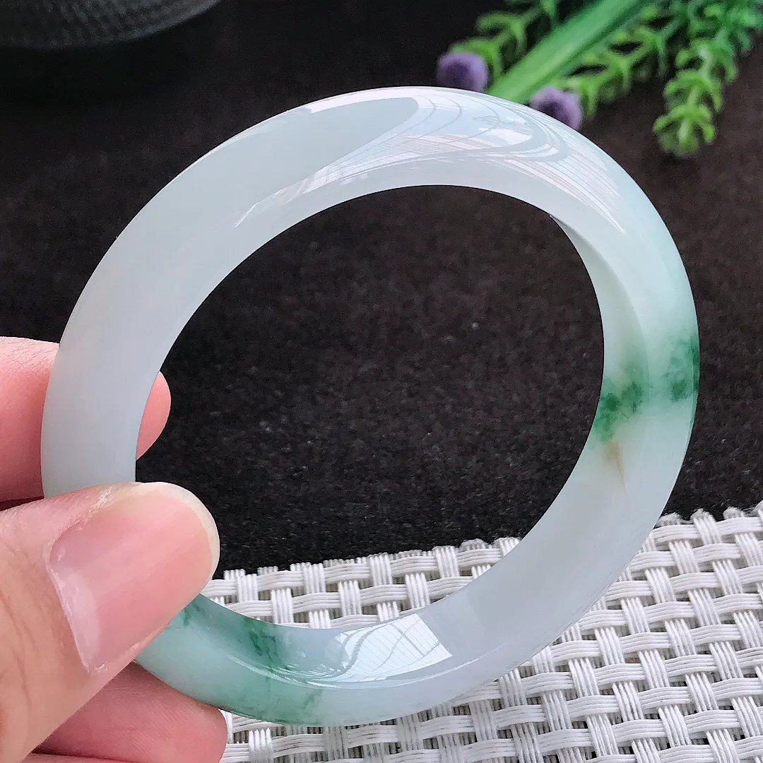 自然光54.5/12.2/8.3老坑冰胶果冻飘花手镯翡翠玉镯子宽边美人镯手环