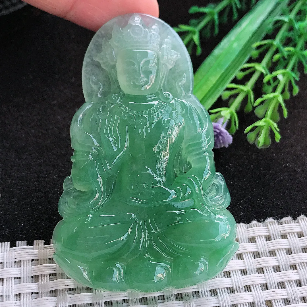 自然光68.5/44/7.3老坑冰润起胶满绿甜绿渡母菩萨挂件翡翠玉吊坠百搭
