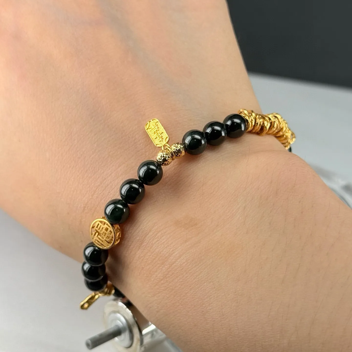精品18k墨翠金盘缠珠子手串 尺寸6.3