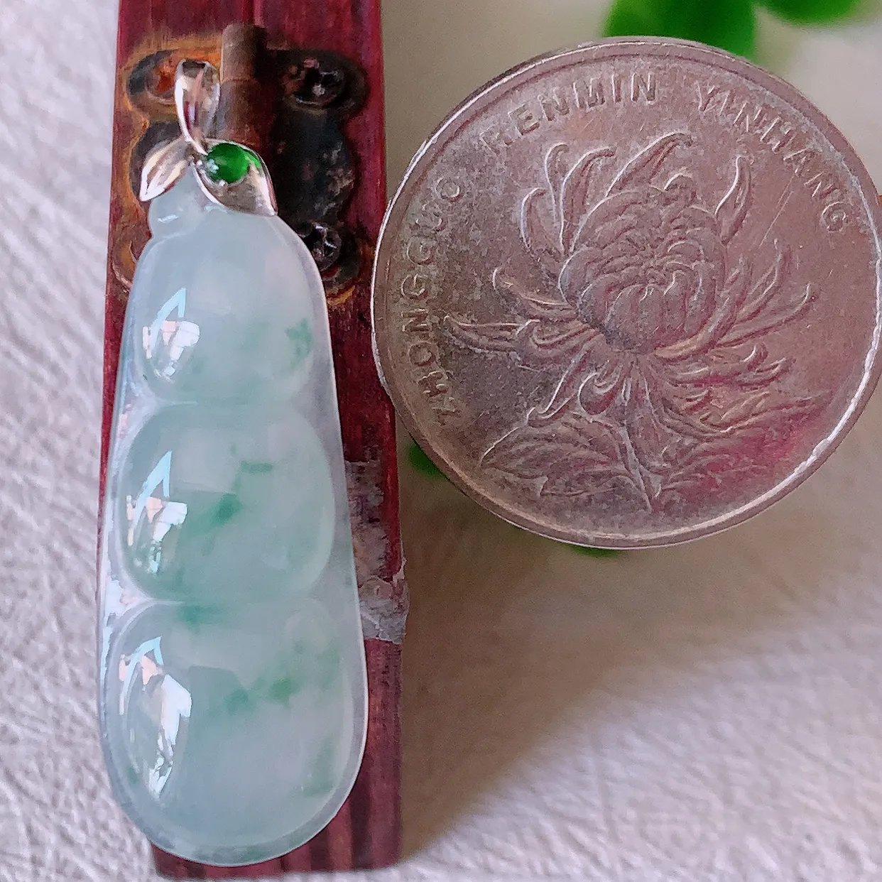 18K金镶嵌冰种飘花翡翠四季豆吊坠，平安豆福豆玉坠，冰润通透，豆粒饱满，寓意：豆蔻年华！#12.17