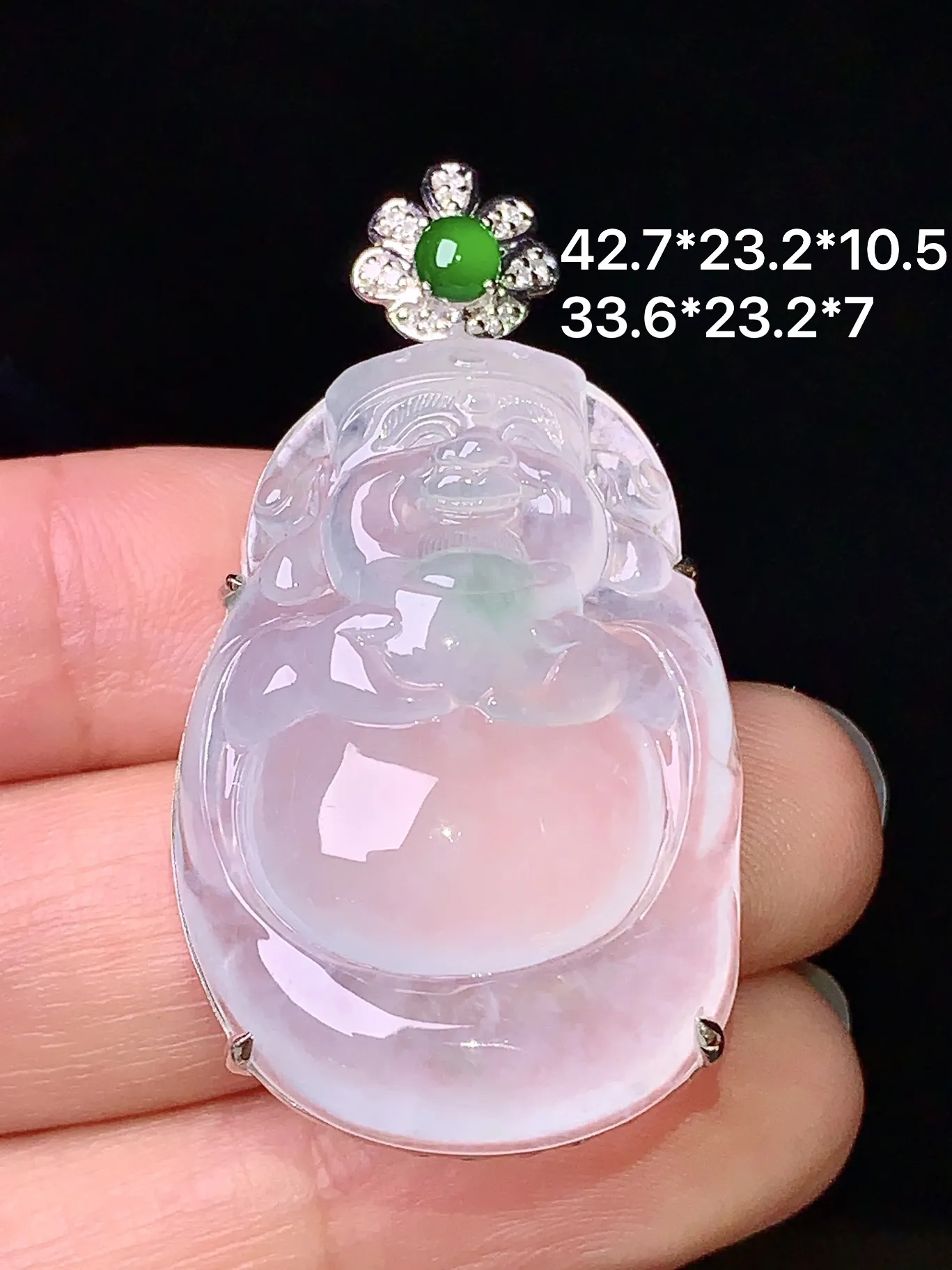 18k金钻镶嵌冰种财神吊坠 玉质细腻 水润亮眼 整体尺寸42.7*23.2*10.5