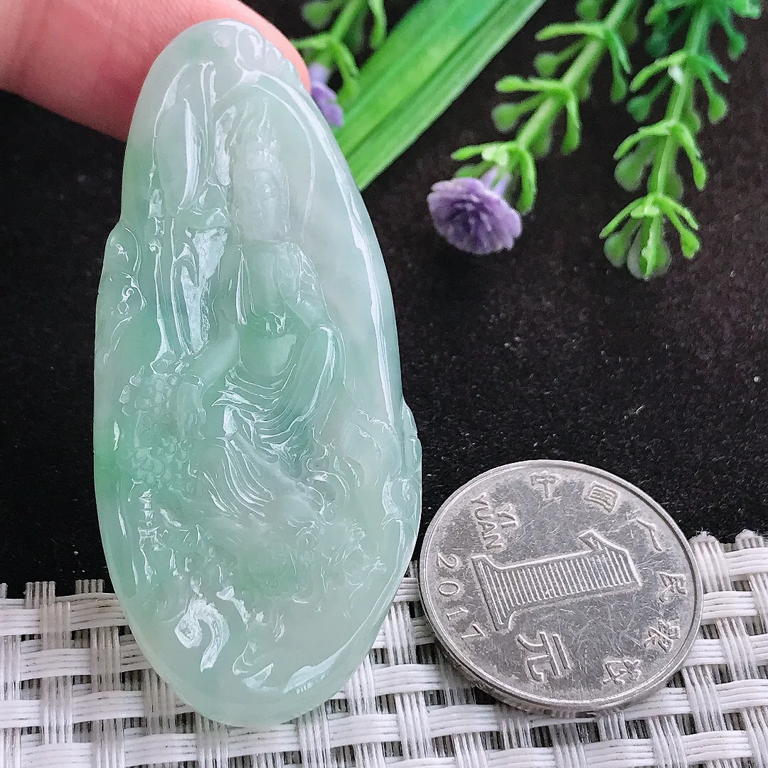 自然光59.8/27/5老坑冰胶水灵冰晴御龙观音挂件翡翠玉坠吊坠百搭