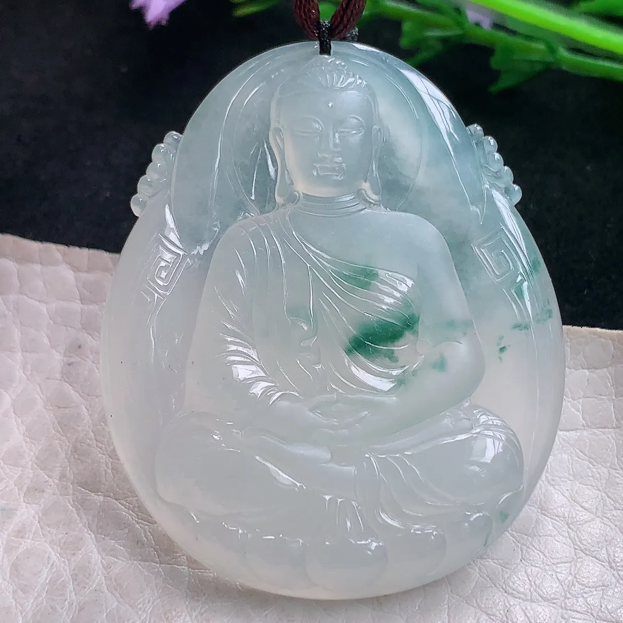 bg实拍50*41*6.7老坑天然翡翠冰飘花大日如来佛祖玉吊坠 玉挂件