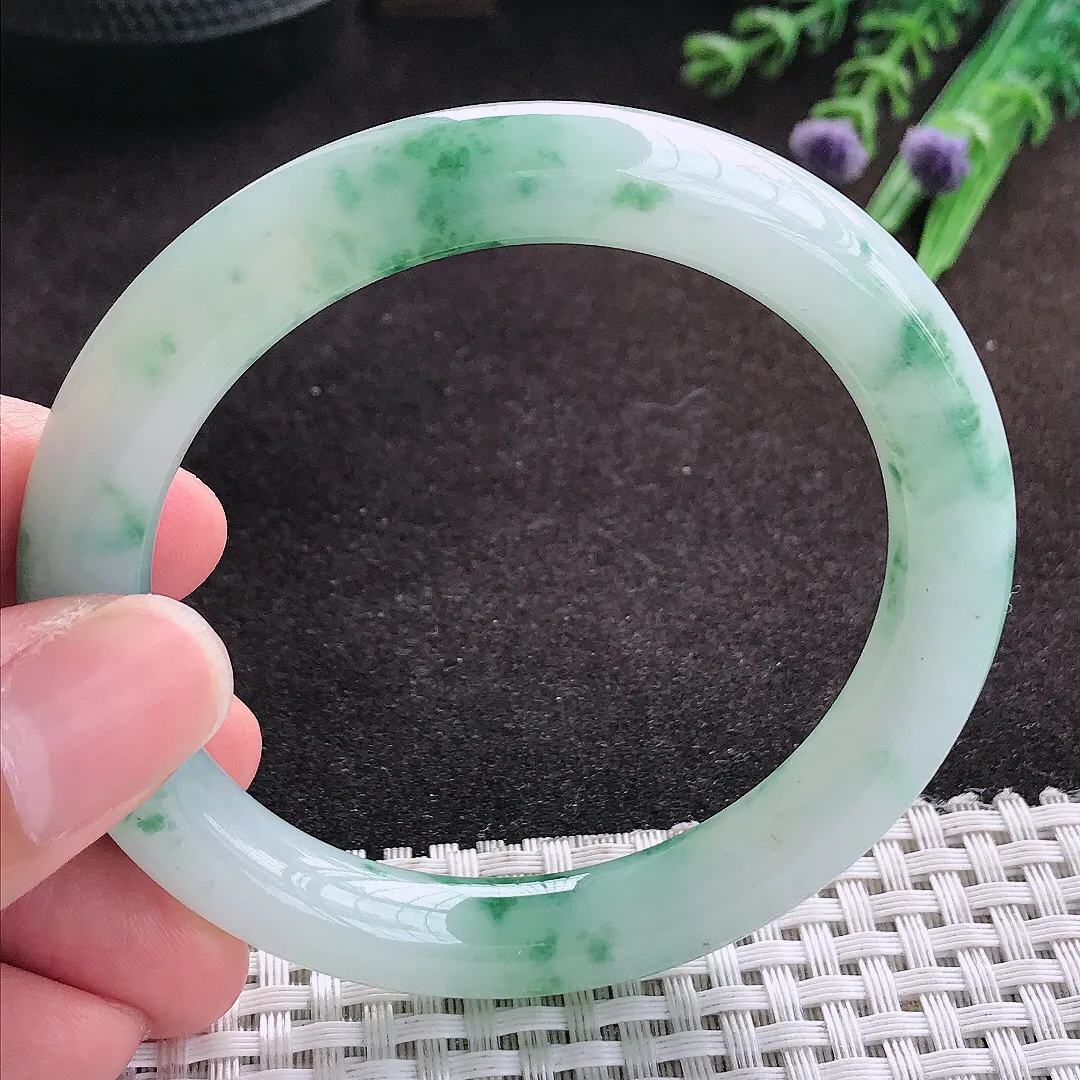 自然光55.5/9.5老坑冰胶果冻飘花圆条手镯翡翠玉镯子美人镯手环