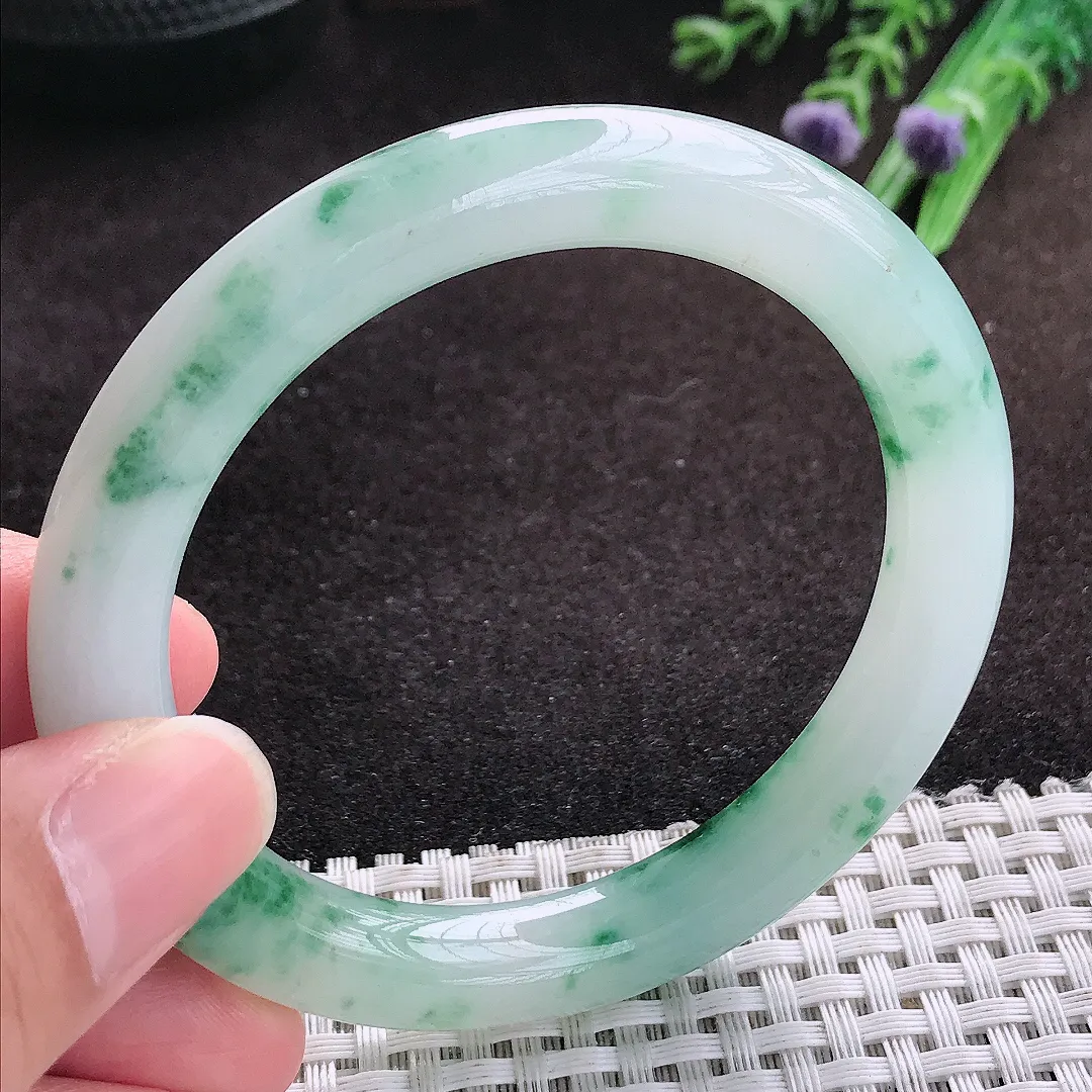自然光55.5/9.5老坑冰胶果冻飘花圆条手镯翡翠玉镯子美人镯手环