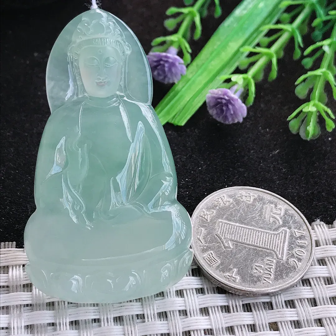 自然光55/32/5.6老坑冰胶果冻冰晴绿素衣观音挂件翡翠玉坠吊坠百搭