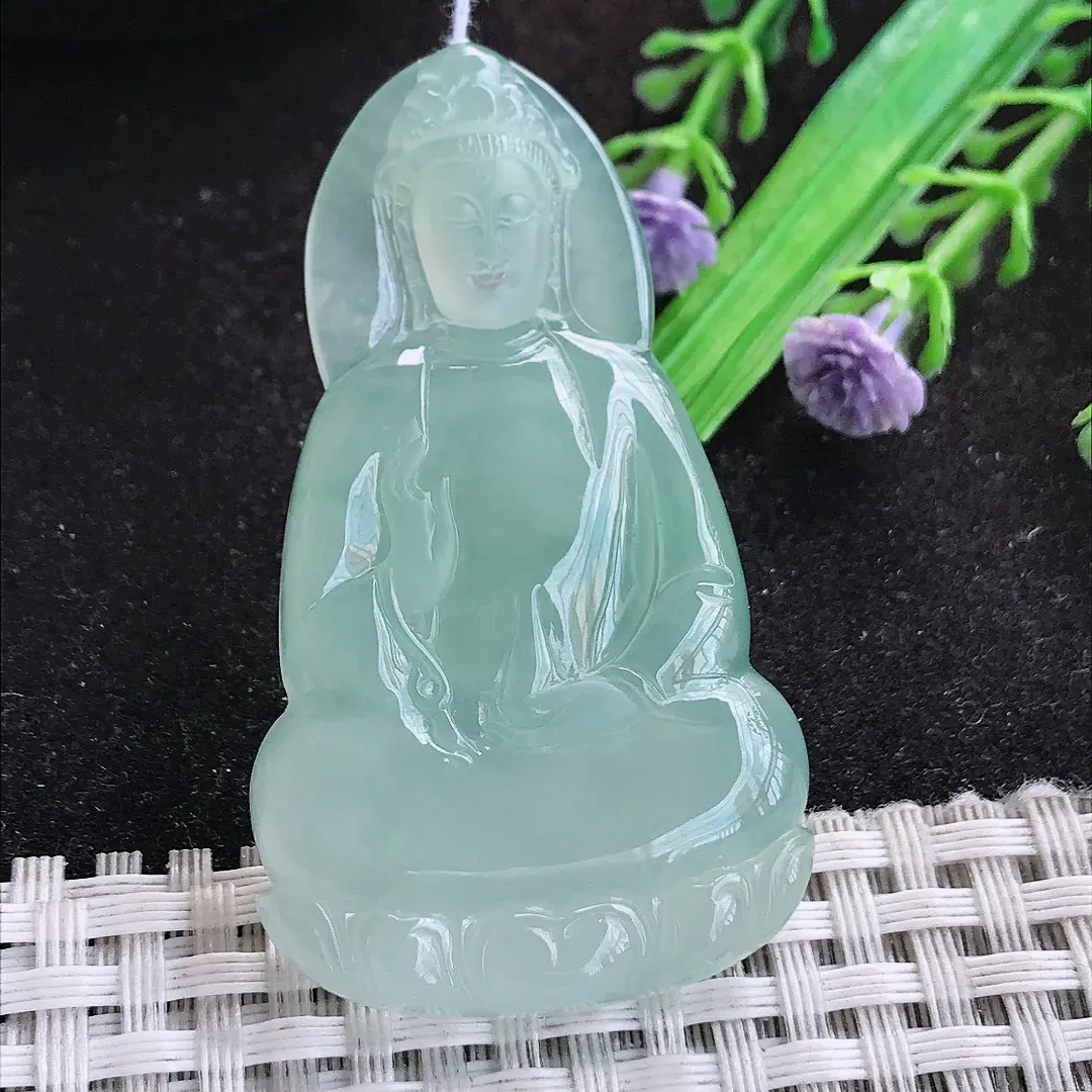 自然光55/32/5.6老坑冰胶果冻冰晴绿素衣观音挂件翡翠玉坠吊坠百搭