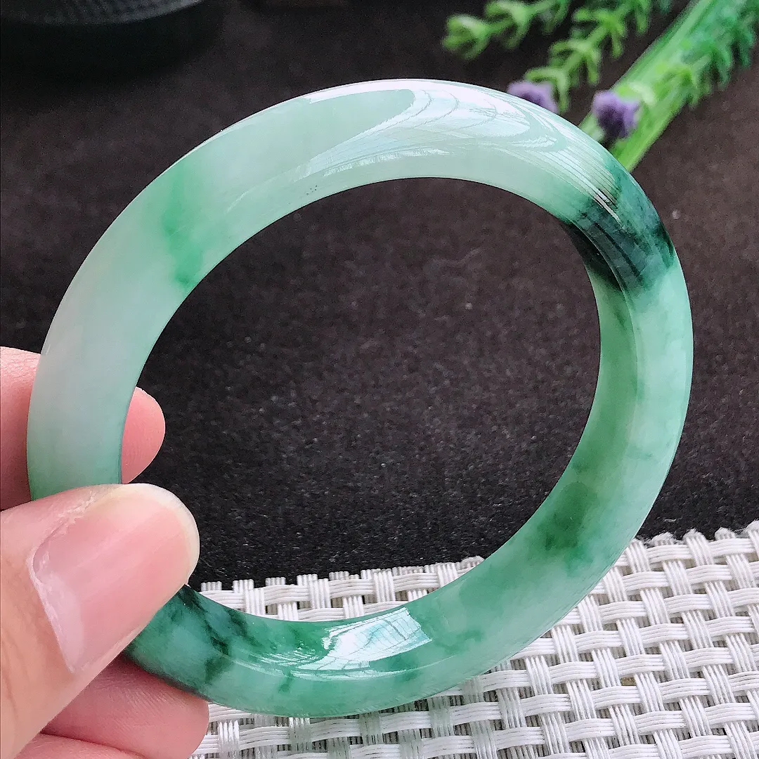 自然光56.5/11.8/8.8老坑冰润起胶飘花手镯翡翠玉镯子美人镯手环