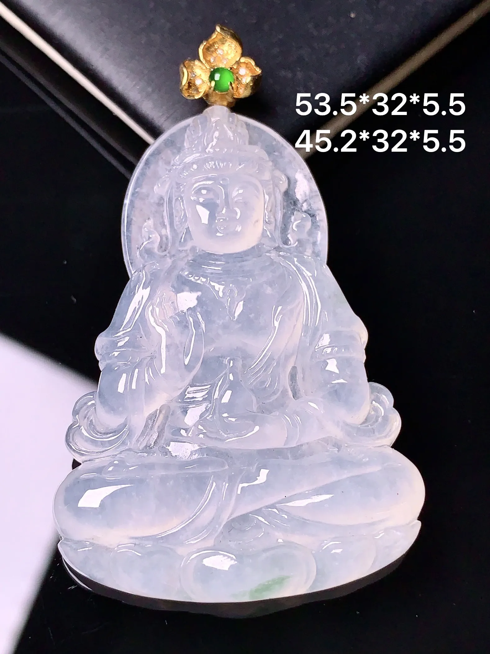 18k金镶嵌冰种度母观音菩萨吊坠 玉质细腻 水润亮眼 整体尺寸53.5*32*5.5