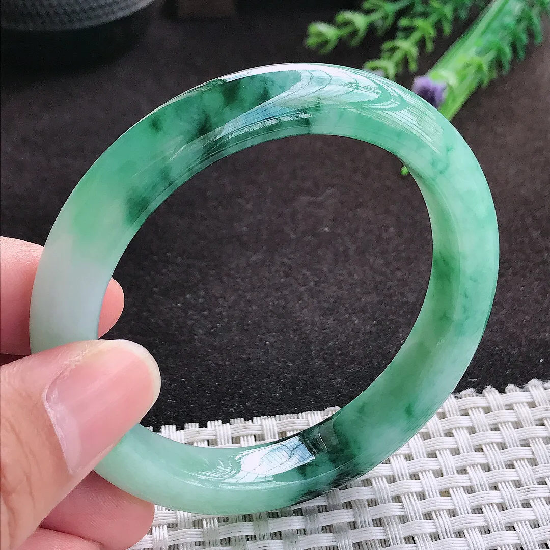 自然光56.5/11.8/8.8老坑冰润起胶飘花手镯翡翠玉镯子美人镯手环