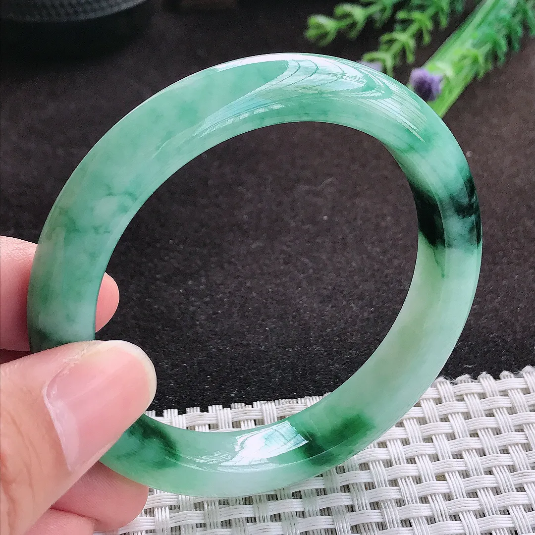 自然光56.5/11.8/8.8老坑冰润起胶飘花手镯翡翠玉镯子美人镯手环