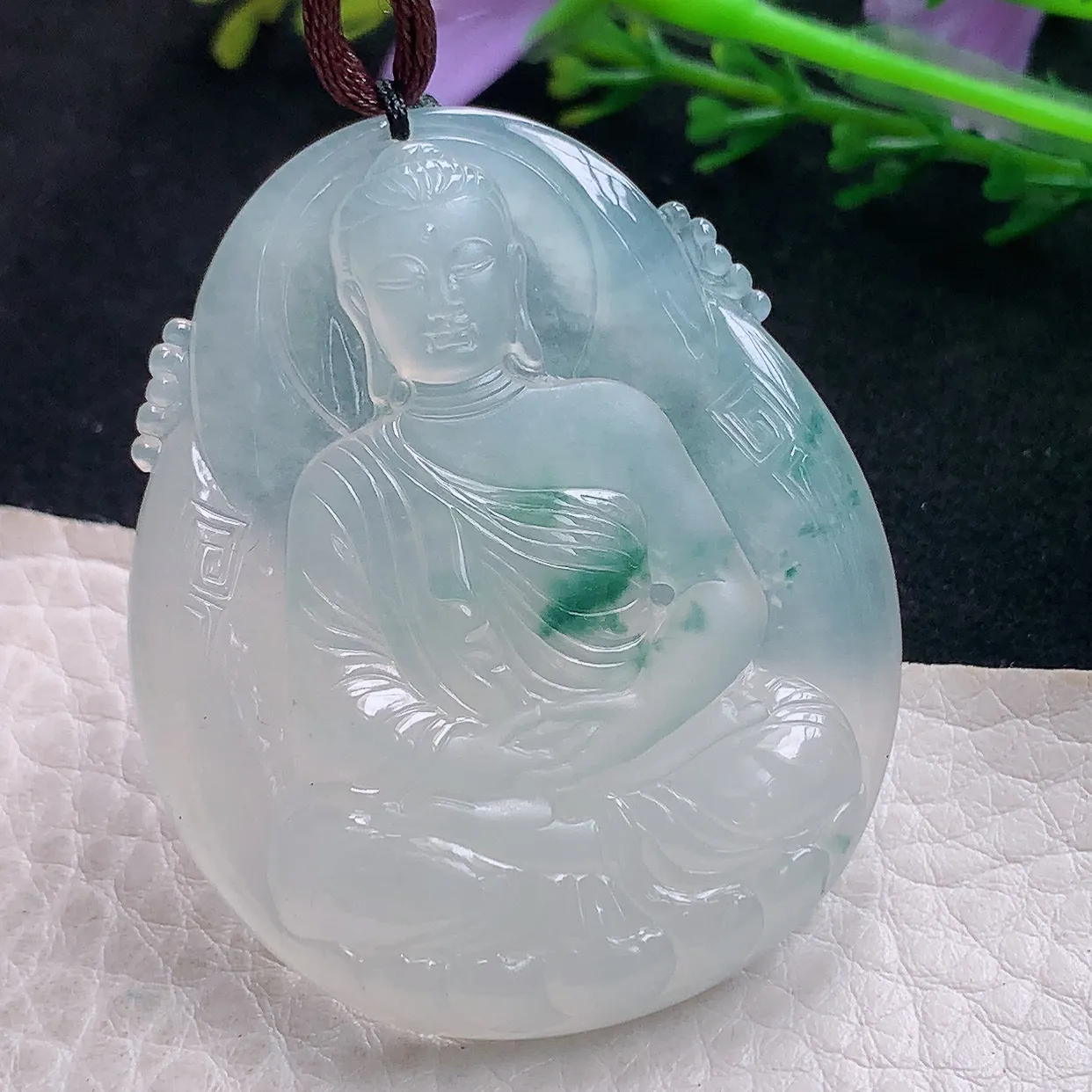 bg实拍50*41*6.7老坑天然翡翠冰飘花大日如来佛祖玉吊坠 玉挂件