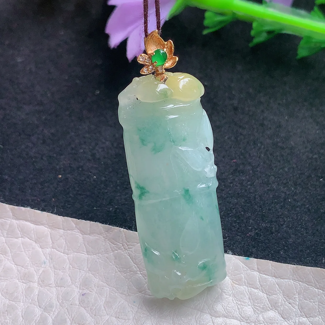 yl实拍38*14.8*7老坑天然翡翠冰飘花竹节 节节高玉挂件 玉吊坠