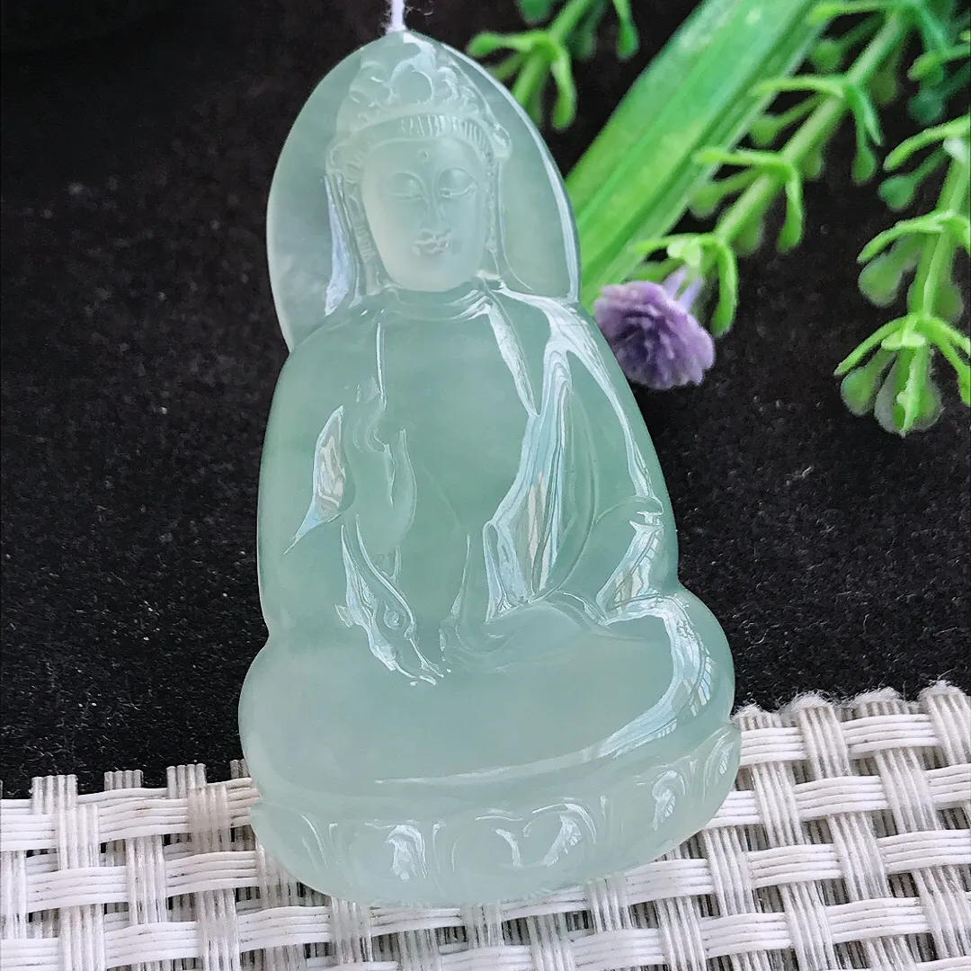 自然光55/32/5.6老坑冰胶果冻冰晴绿素衣观音挂件翡翠玉坠吊坠百搭