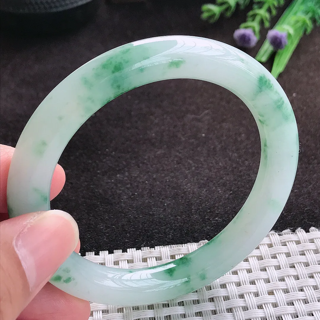自然光55.5/9.5老坑冰胶果冻飘花圆条手镯翡翠玉镯子美人镯手环