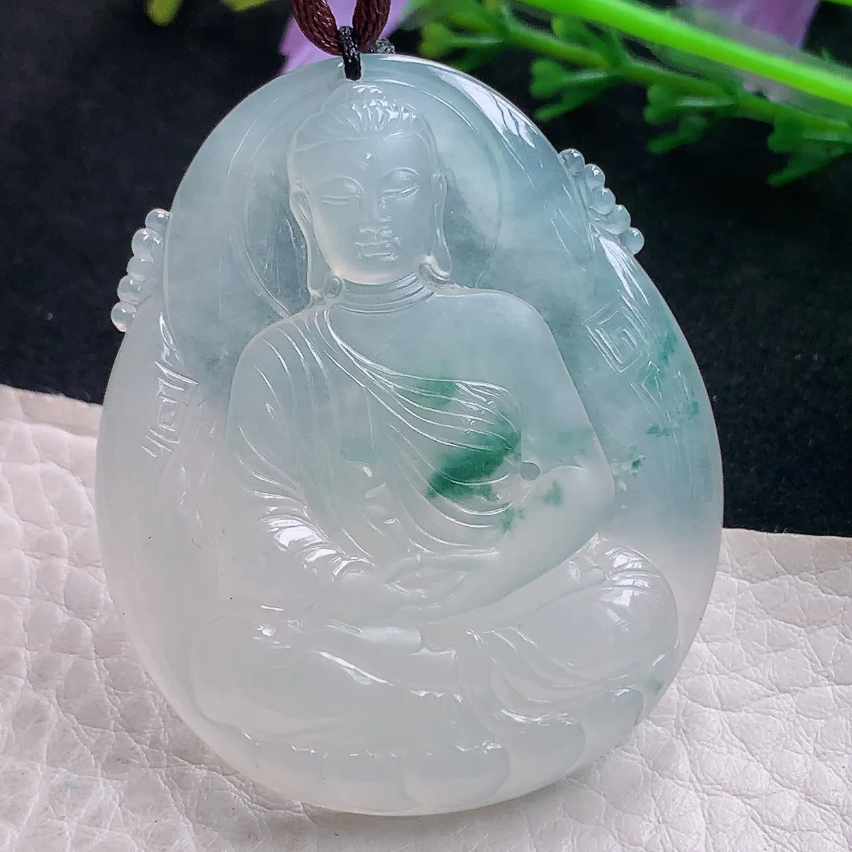 bg实拍50*41*6.7老坑天然翡翠冰飘花大日如来佛祖玉吊坠 玉挂件