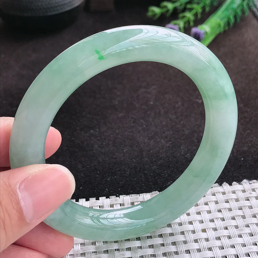 自然光57.5/11老坑冰润起胶冰晴绿圆条手镯翡翠玉镯子美人镯手环