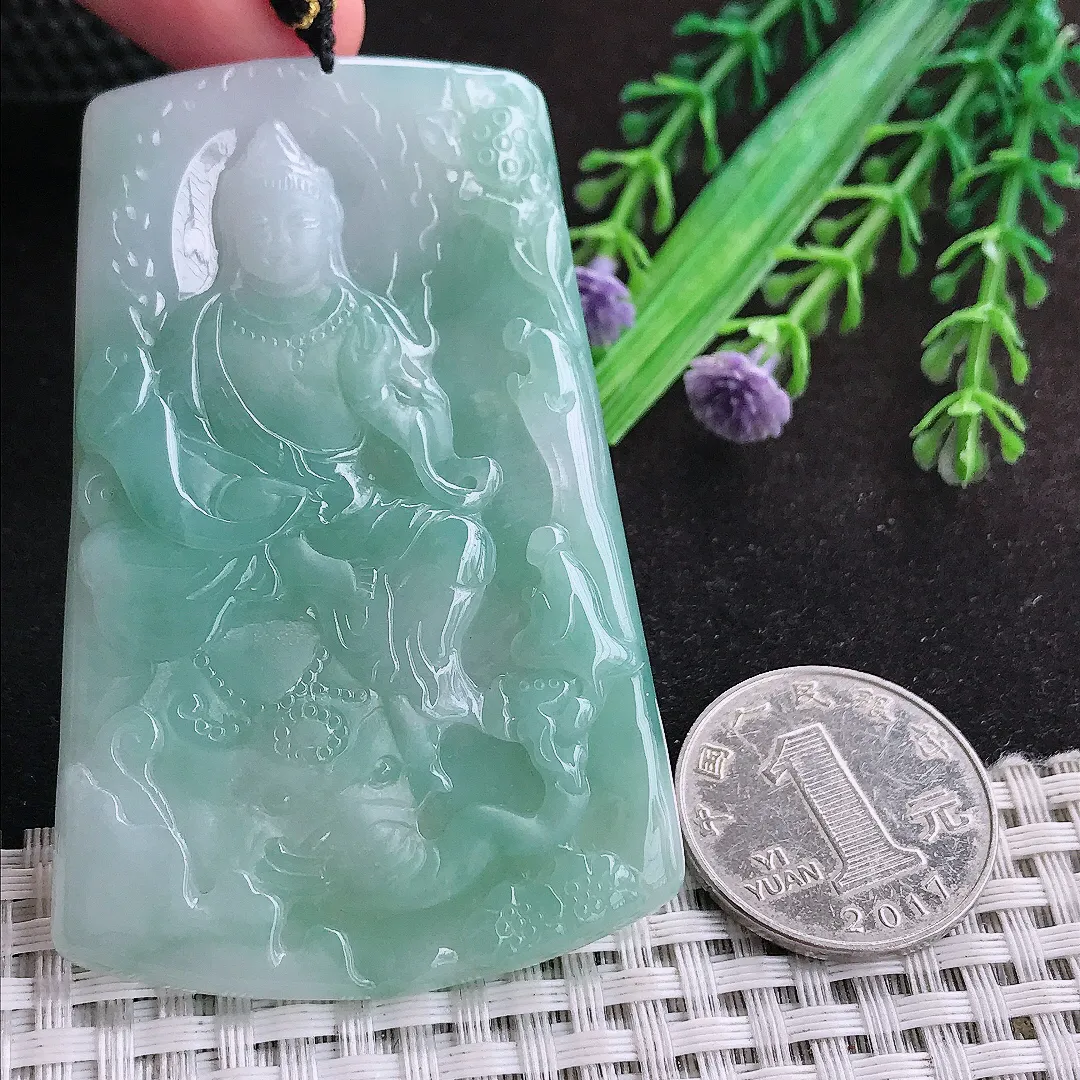 自然光69/44.8/5.3老坑秀气冰润飘花普贤菩萨挂件翡翠玉坠吊坠百搭