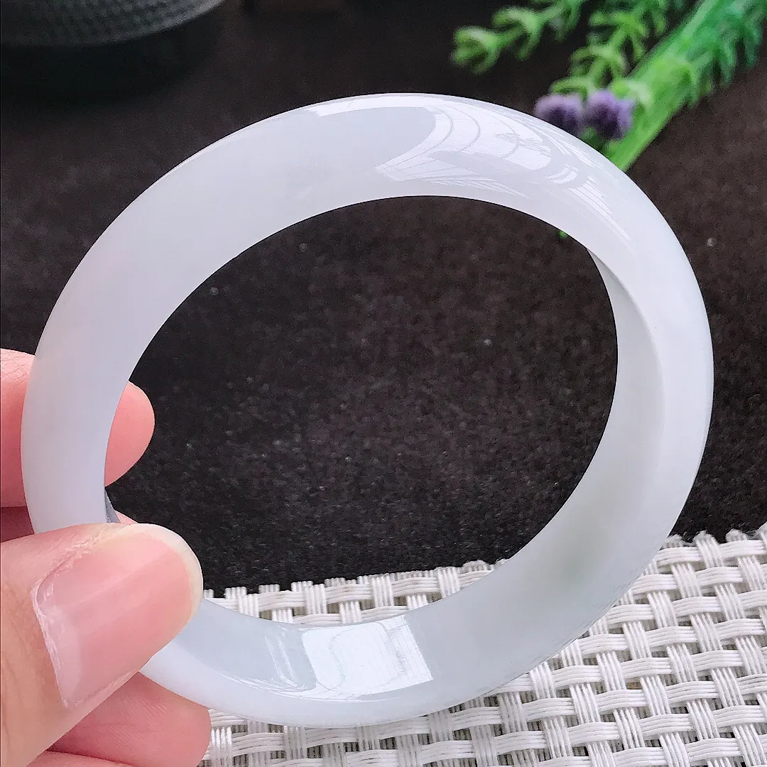自然光57.5/14/7.4老坑秀气冰透起胶白月光手镯翡翠玉镯子美人镯手环