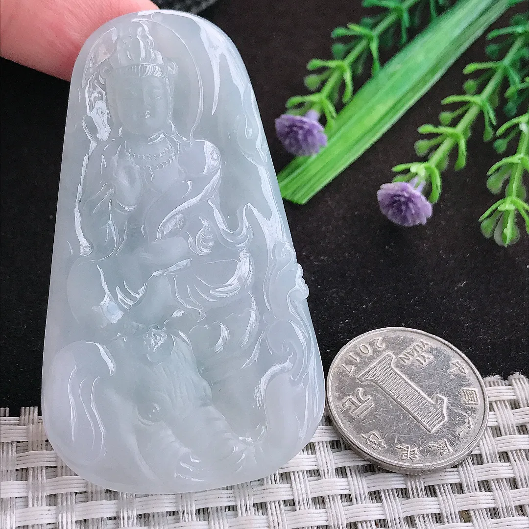 自然光68.4/39.8/6老坑秀气冰胶月光白普贤菩萨挂件翡翠玉坠吊坠百搭