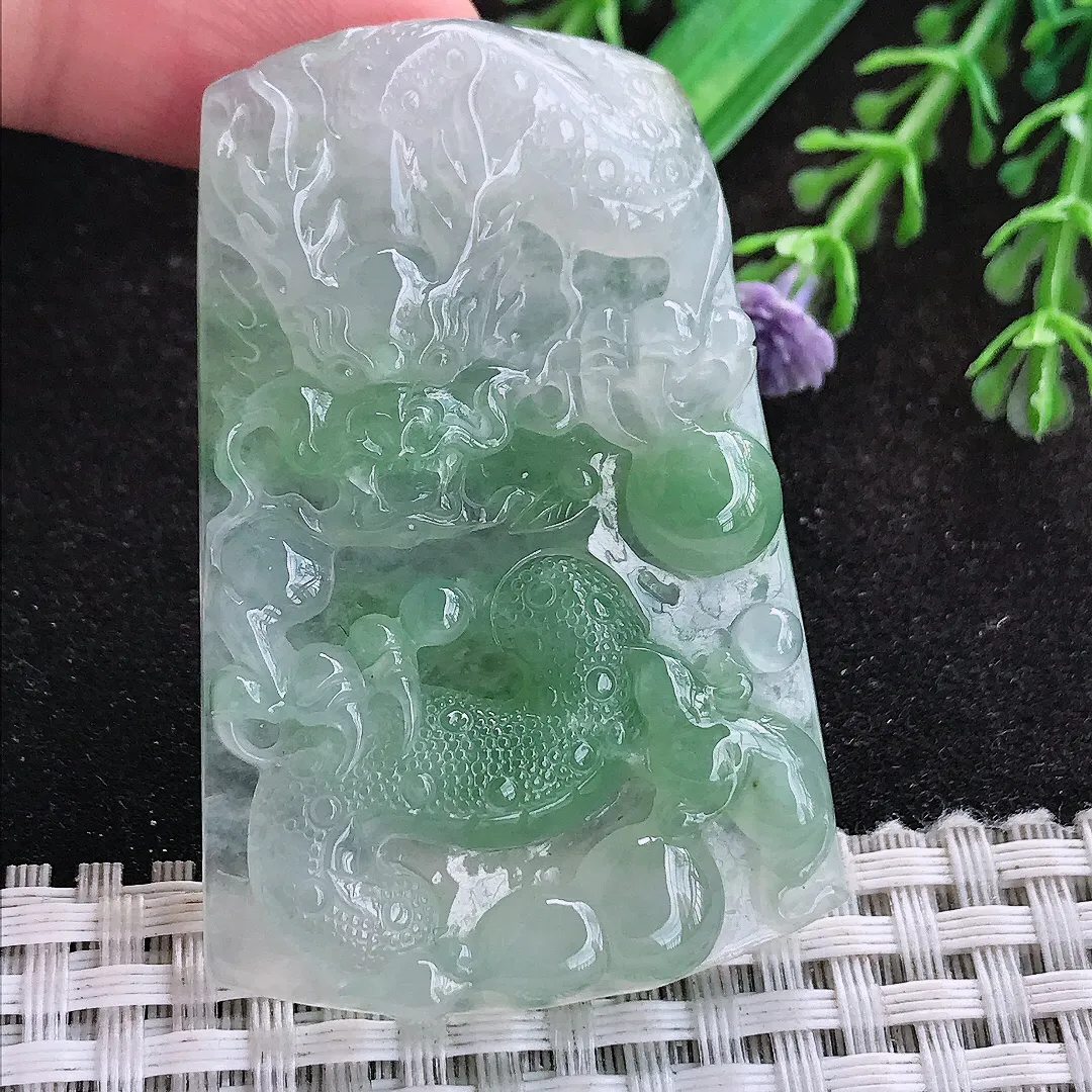 自然光55.6/36/7.3老坑冰胶果冻飘花龙牌挂件翡翠玉坠吊坠百搭
