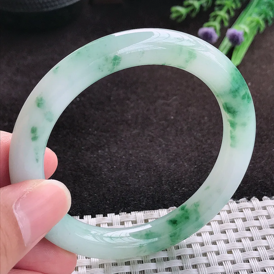 自然光55.5/9.5老坑冰胶果冻飘花圆条手镯翡翠玉镯子美人镯手环