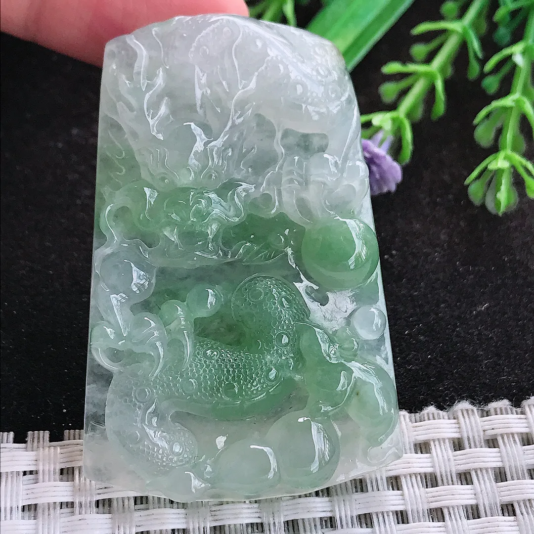 自然光55.6/36/7.3老坑冰胶果冻飘花龙牌挂件翡翠玉坠吊坠百搭