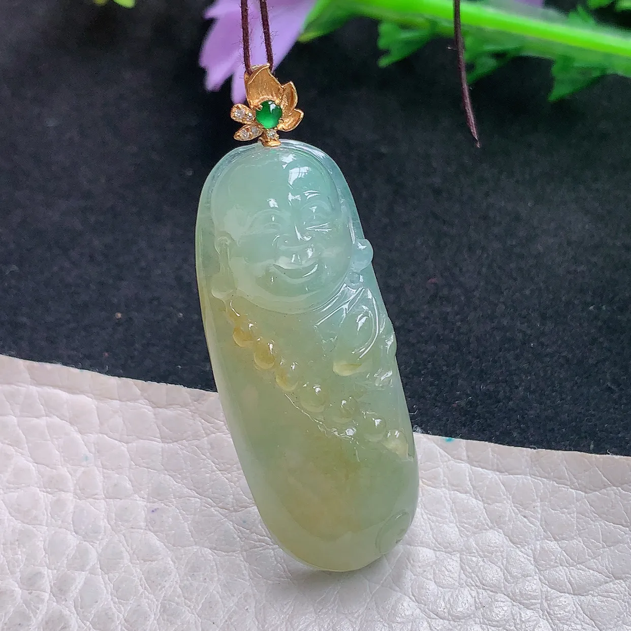 yl实拍40*16.5*10老坑天然翡翠冰双彩站佛 开心佛玉挂件 玉吊坠