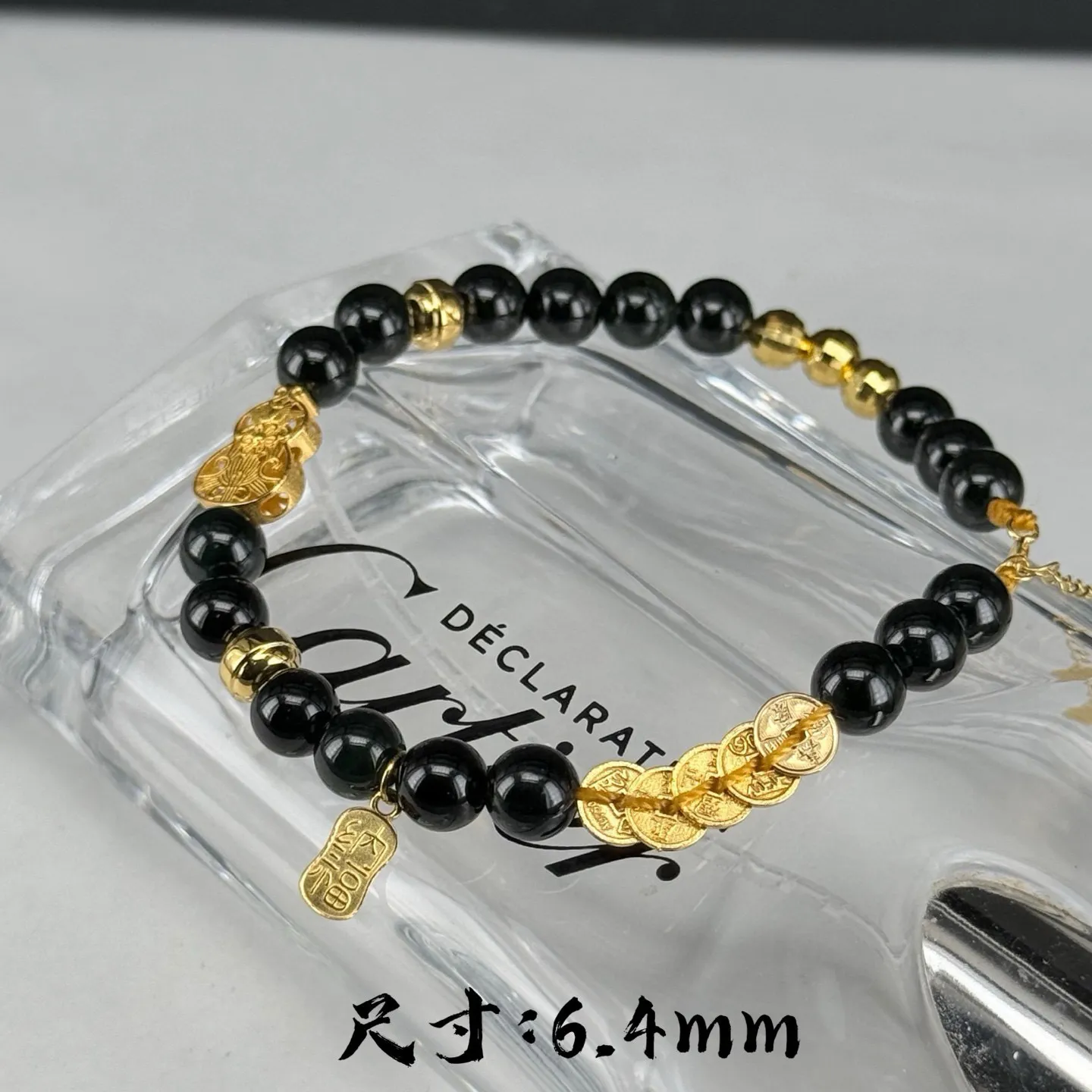 精品18k墨翠珠子手串 种好色正 黑度极好 打灯通透 油性十足 尺寸6.4