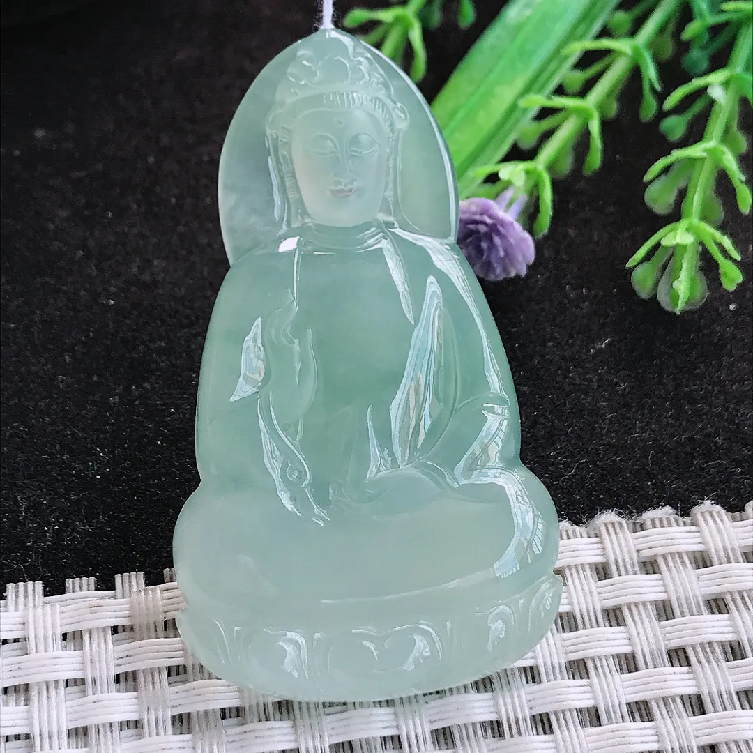 自然光55/32/5.6老坑冰胶果冻冰晴绿素衣观音挂件翡翠玉坠吊坠百搭