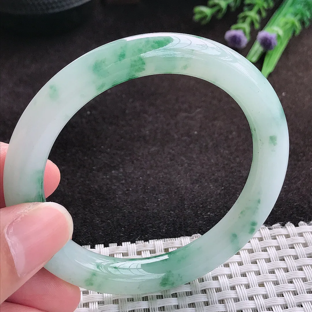 自然光55.5/9.5老坑冰胶果冻飘花圆条手镯翡翠玉镯子美人镯手环