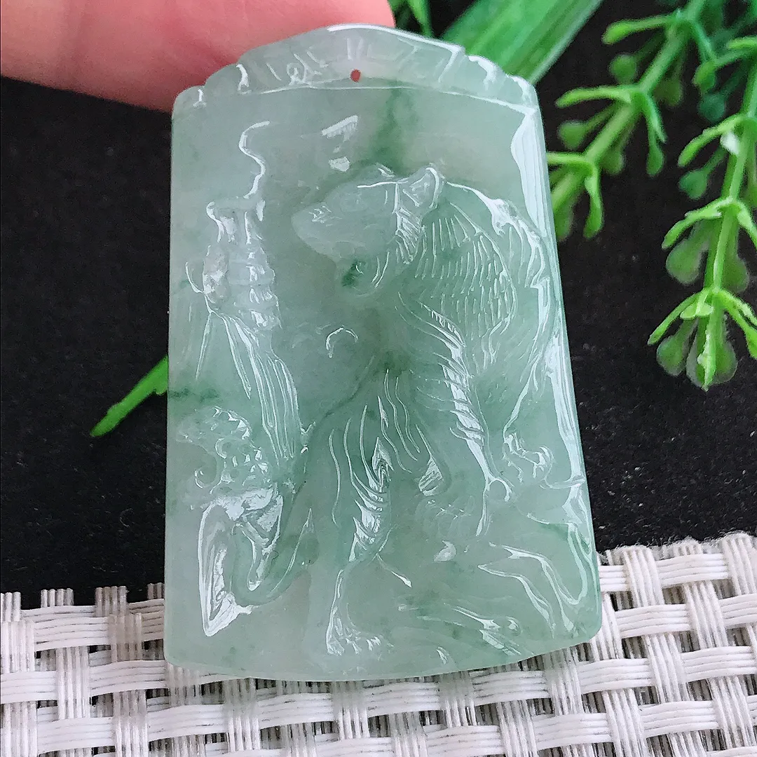 自然光50.3/33.5/5.8老坑冰润起胶飘花上山虎虎牌挂件翡翠玉坠吊坠百搭