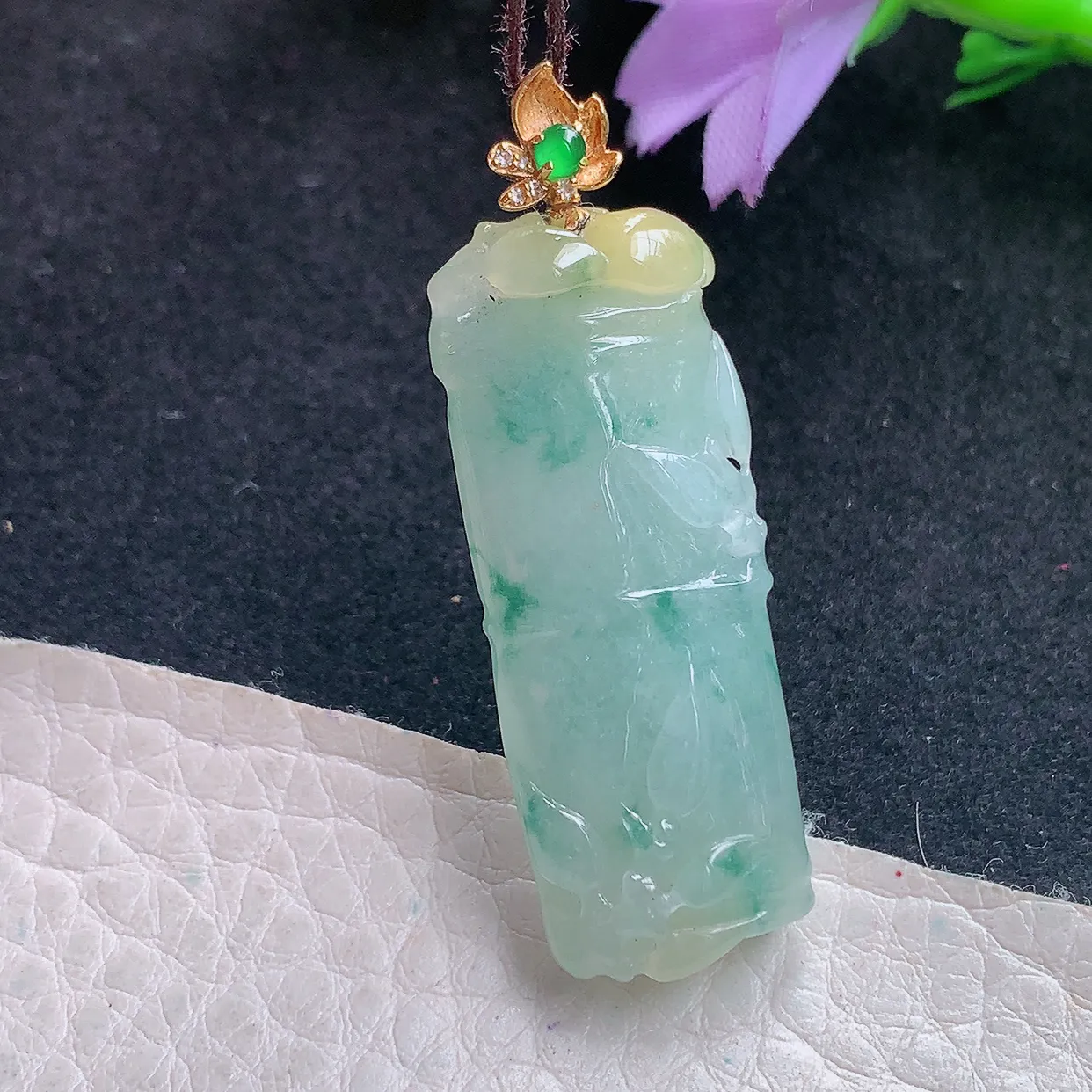 yl实拍38*14.8*7老坑天然翡翠冰飘花竹节 节节高玉挂件 玉吊坠