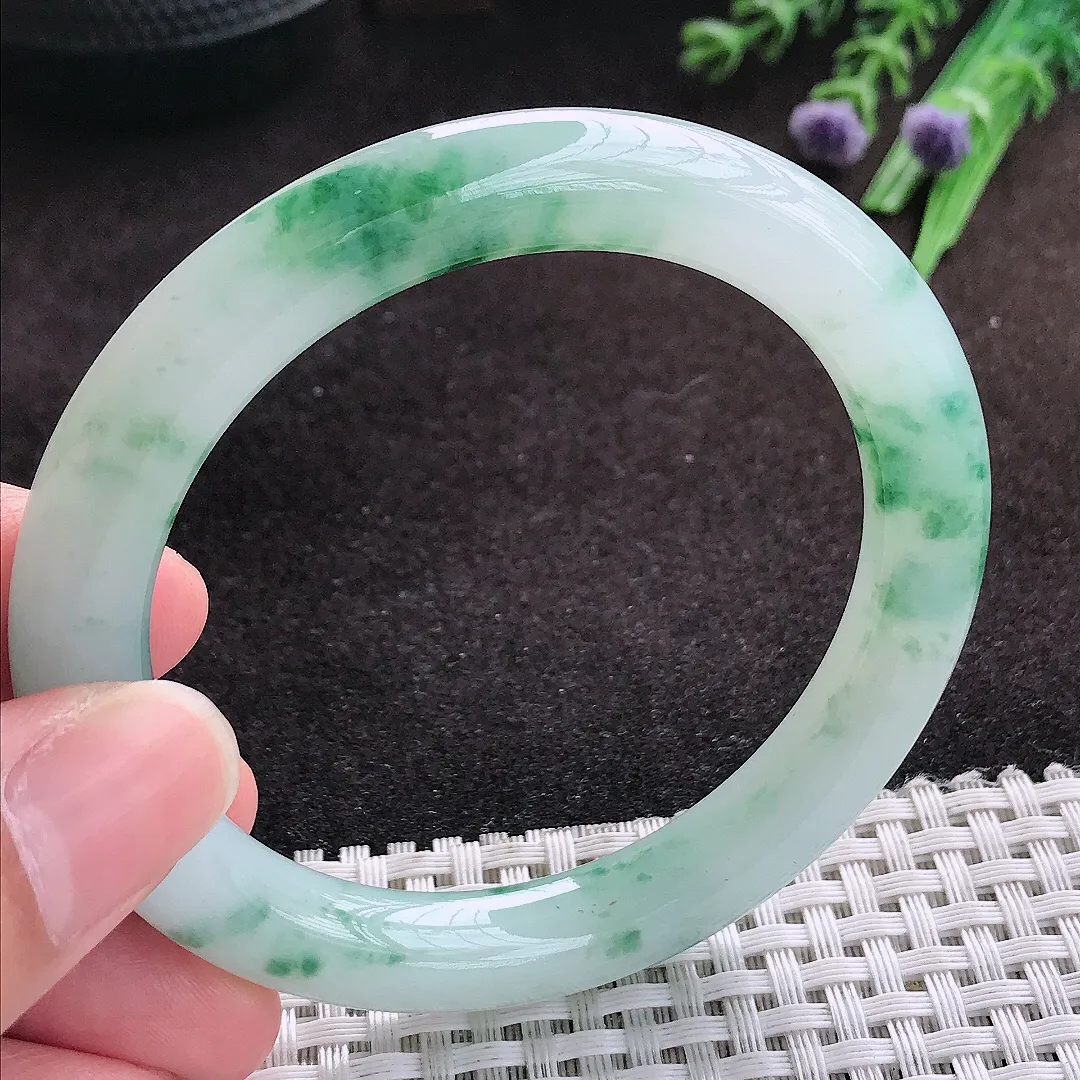 自然光55.5/9.5老坑冰胶果冻飘花圆条手镯翡翠玉镯子美人镯手环