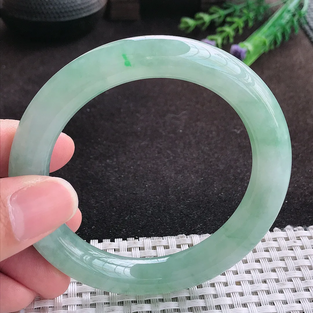 自然光57.5/11老坑冰润起胶冰晴绿圆条手镯翡翠玉镯子美人镯手环