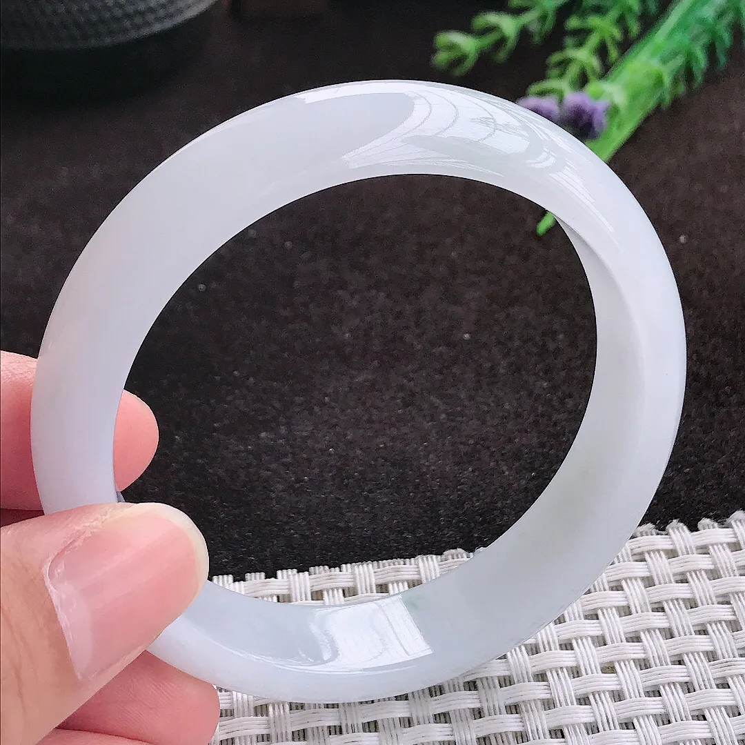 自然光57.5/14/7.4老坑秀气冰透起胶白月光手镯翡翠玉镯子美人镯手环