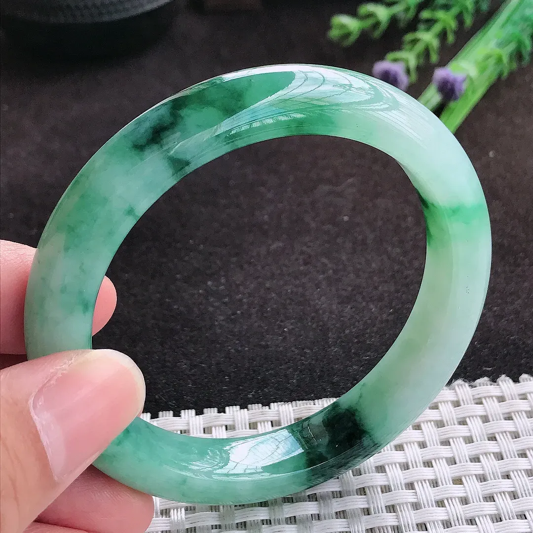 自然光56.5/11.8/8.8老坑冰润起胶飘花手镯翡翠玉镯子美人镯手环
