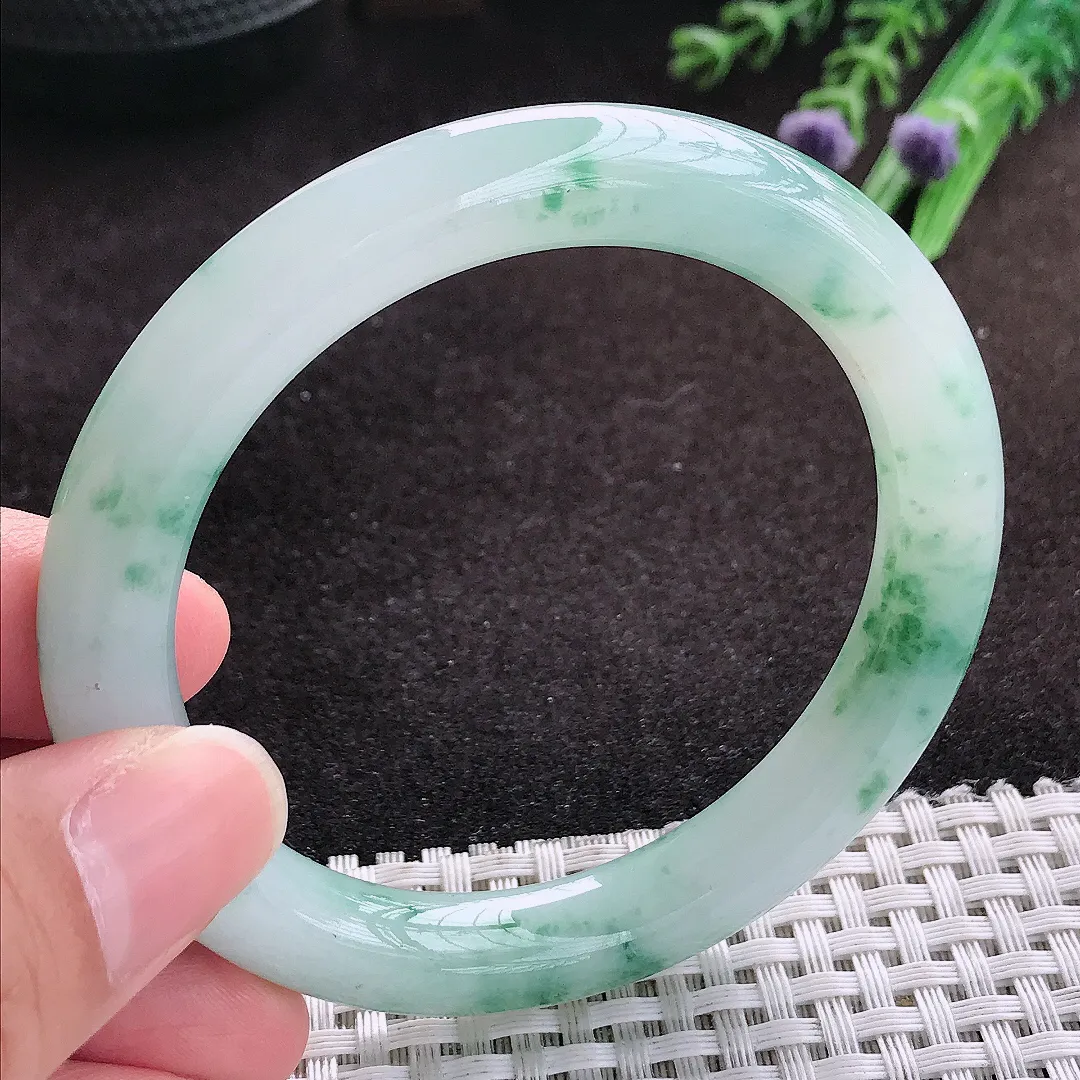 自然光55.5/9.5老坑冰胶果冻飘花圆条手镯翡翠玉镯子美人镯手环