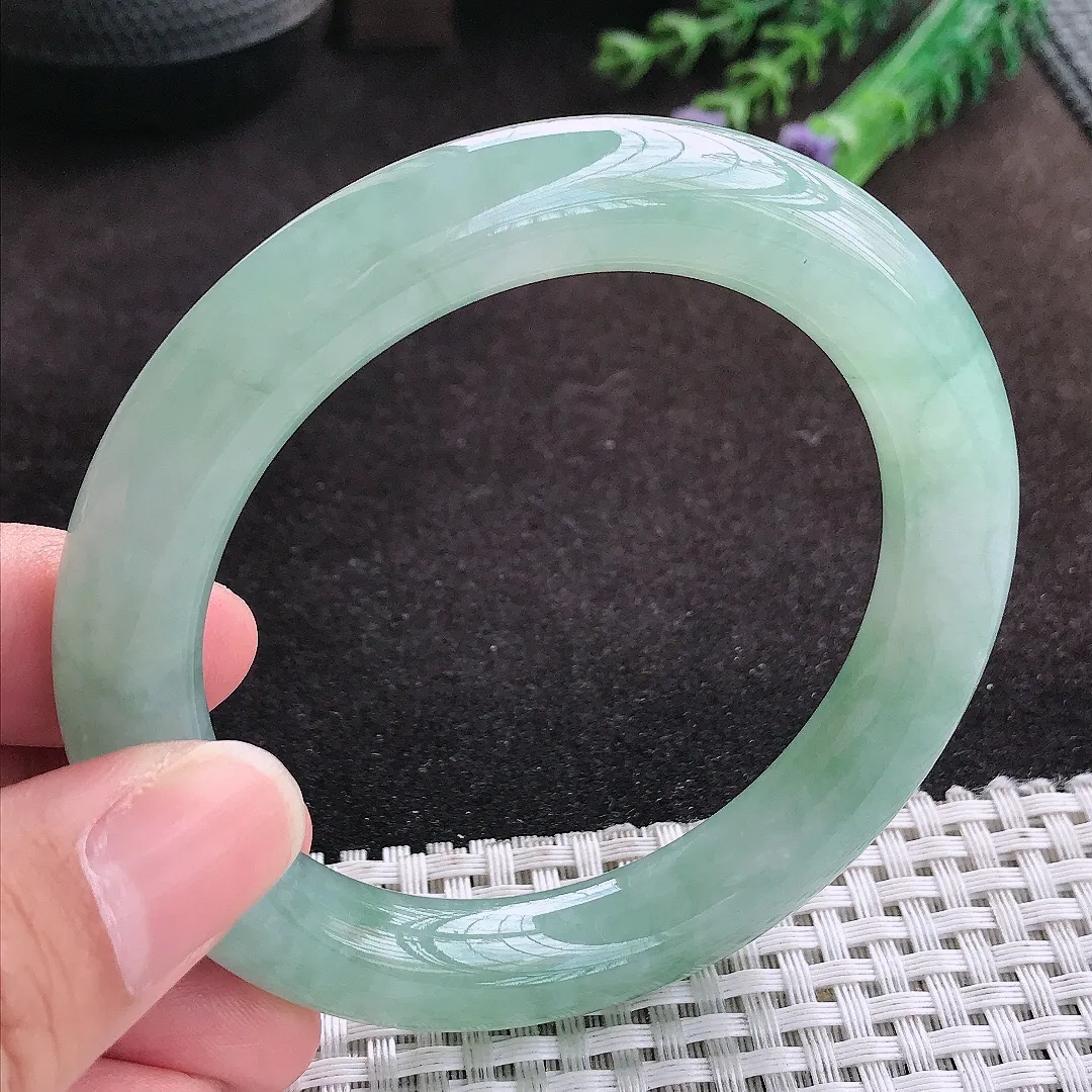 自然光57.5/11老坑冰润起胶冰晴绿圆条手镯翡翠玉镯子美人镯手环