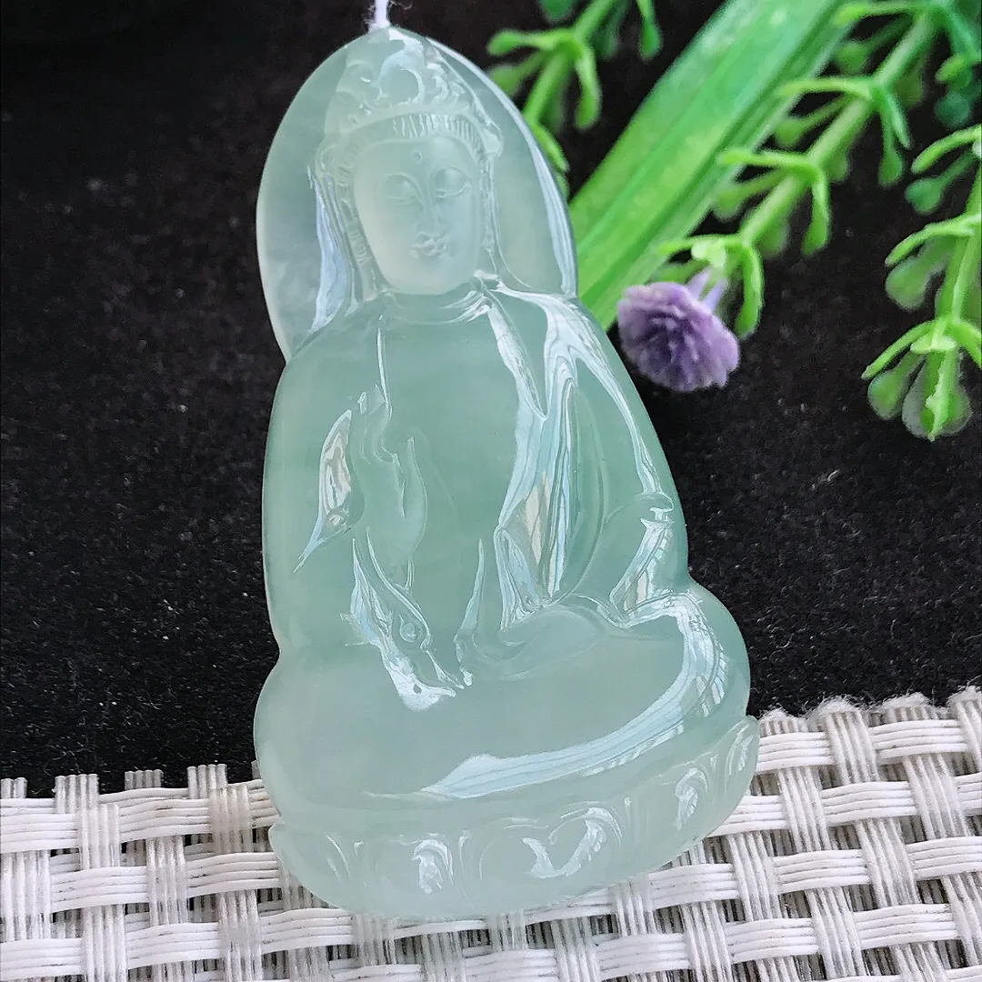 自然光55/32/5.6老坑冰胶果冻冰晴绿素衣观音挂件翡翠玉坠吊坠百搭