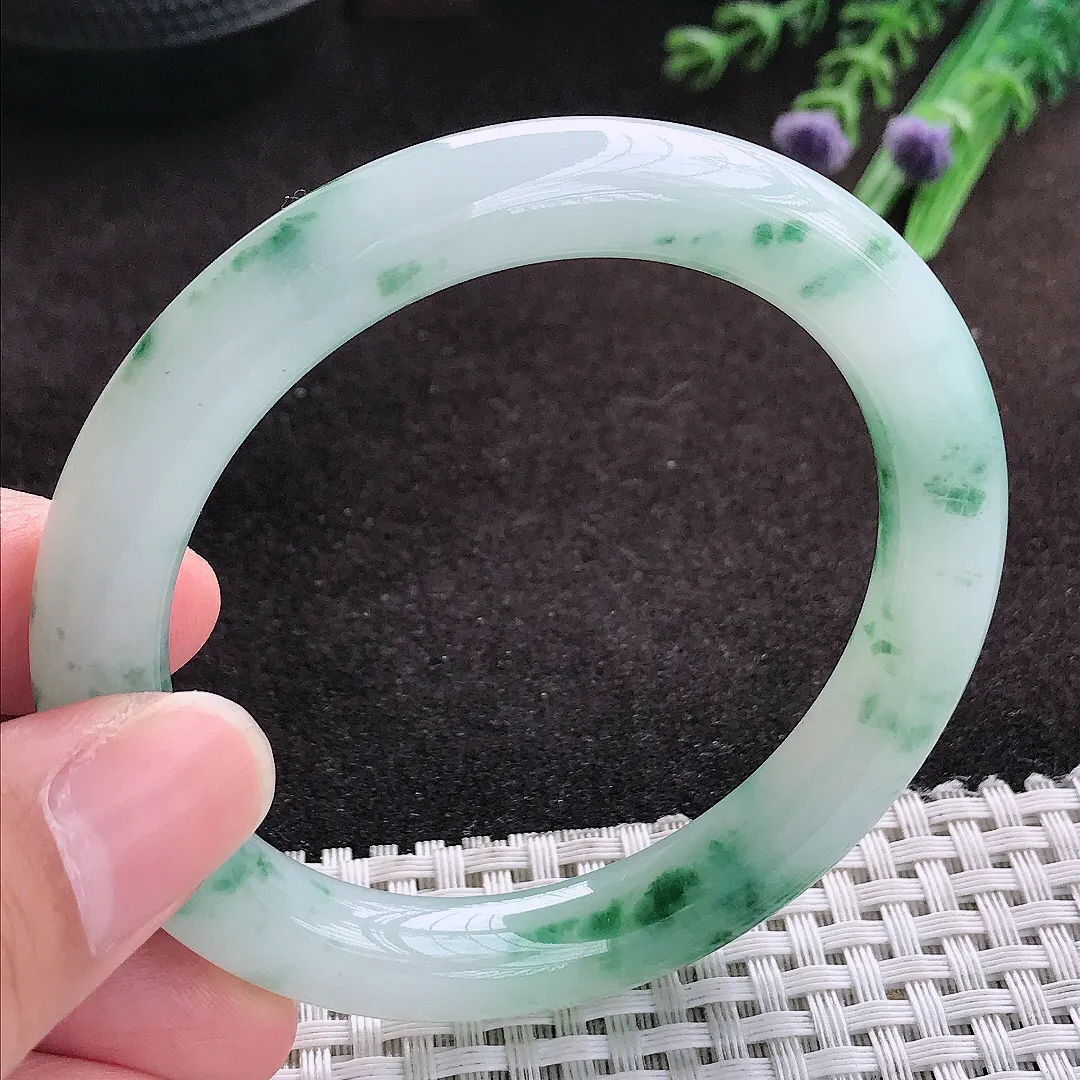 自然光55.5/9.5老坑冰胶果冻飘花圆条手镯翡翠玉镯子美人镯手环