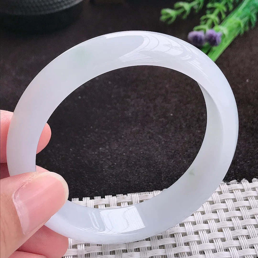 自然光57.5/14/7.4老坑秀气冰透起胶白月光手镯翡翠玉镯子美人镯手环
