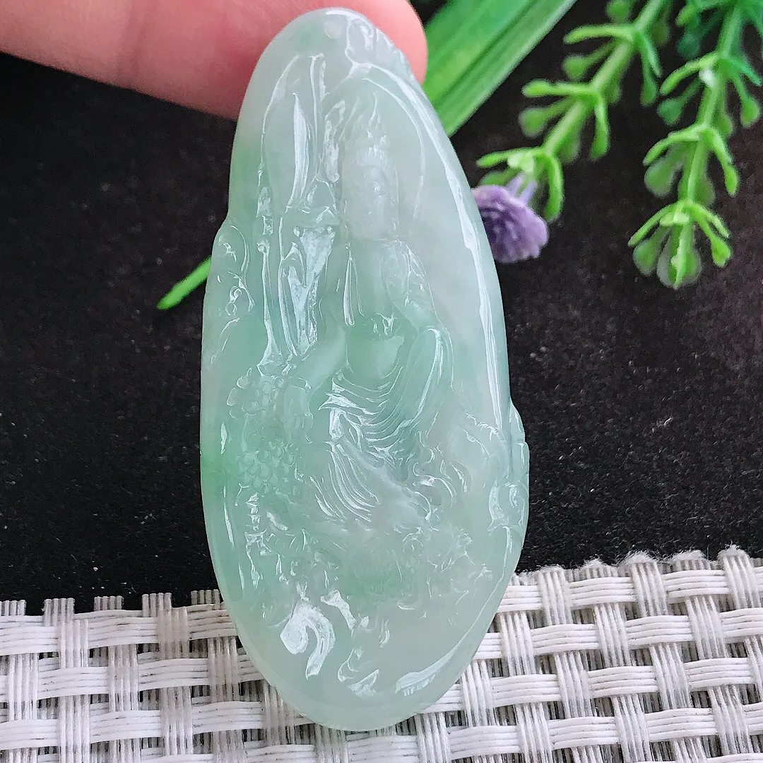 自然光59.8/27/5老坑冰胶水灵冰晴御龙观音挂件翡翠玉坠吊坠百搭