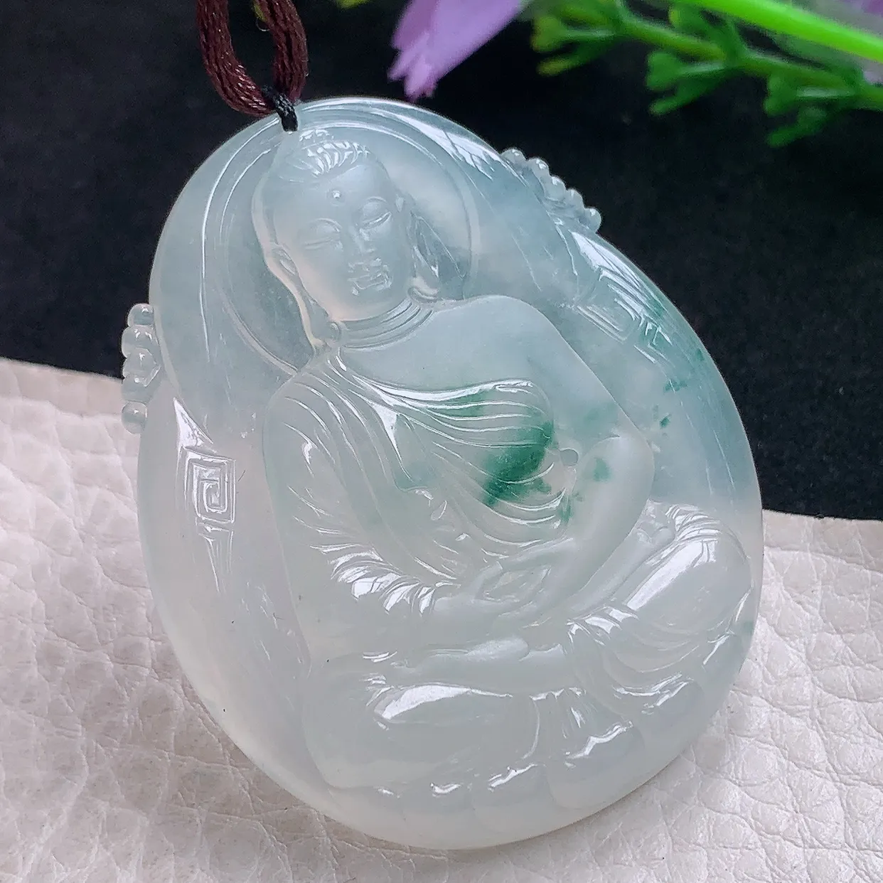 bg实拍50*41*6.7老坑天然翡翠冰飘花大日如来佛祖玉吊坠 玉挂件
