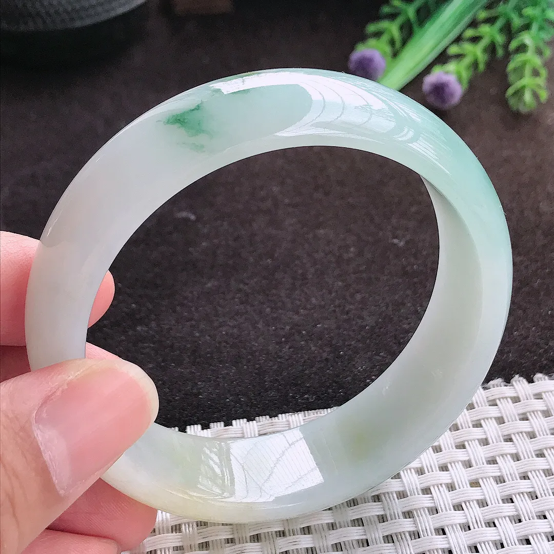 自然光58/18/7.6老坑冰胶水灵飘花轮胎手镯宽边翡翠玉镯手环